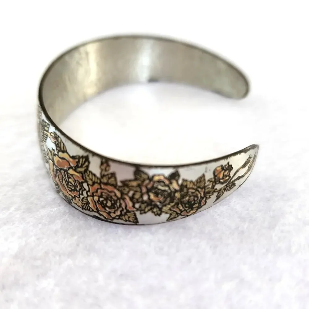 Reed & Barton Damascene Rose Cuff Bracelet Gold Tone Floral Vintage - Picture 2 of 9